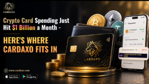 Cardaxo crypto card being tapped at checkout with a rising monthly spending chart in the background representing the $1 billion milestone