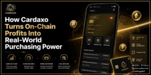 Bitcoin price chart trending upward next to a Cardaxo card, representing on-chain gains converting into real-world spending power