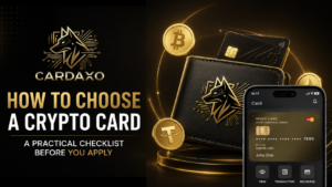 Person comparing multiple cryptocurrency cards against a checklist before applying