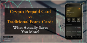 Split illustration comparing a crypto debit card and a traditional forex card side by side for travel spending