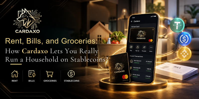 Virtual crypto card paying for rent, groceries, and utility bills using USDT and USDC stablecoins