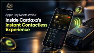 Cardaxo crypto card being tapped on a phone for an instant contactless Apple Pay-style Web3 payment