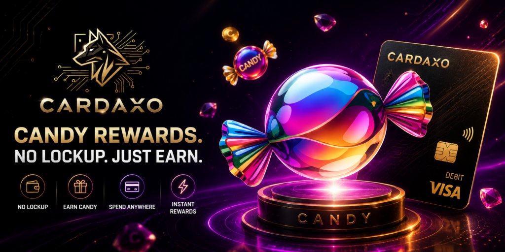 Cardaxo card with CANDY rewards earning loop illustration