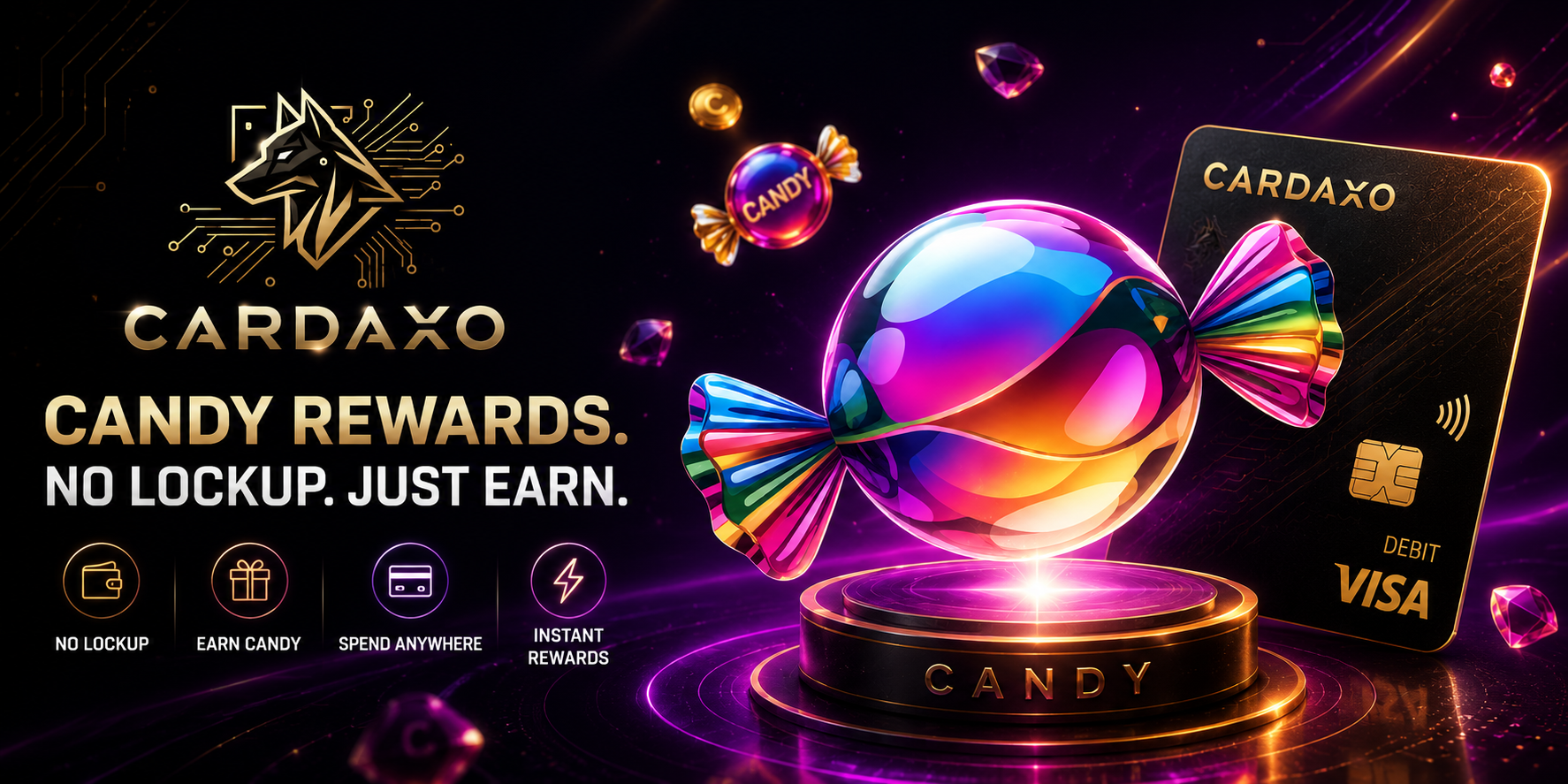 Cardaxo card with CANDY rewards earning loop illustration