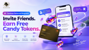 Cardaxo referral program banner showing friends sharing a link to earn Candy Token rewards