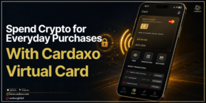 Sleek dark-mode smartphone displaying the Cardaxo virtual crypto card tapped at a contactless payment terminal.